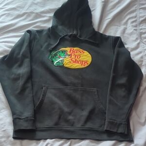 Bass Pro Shops Black Hoodie with Yellow Oval Logo and Green Fish